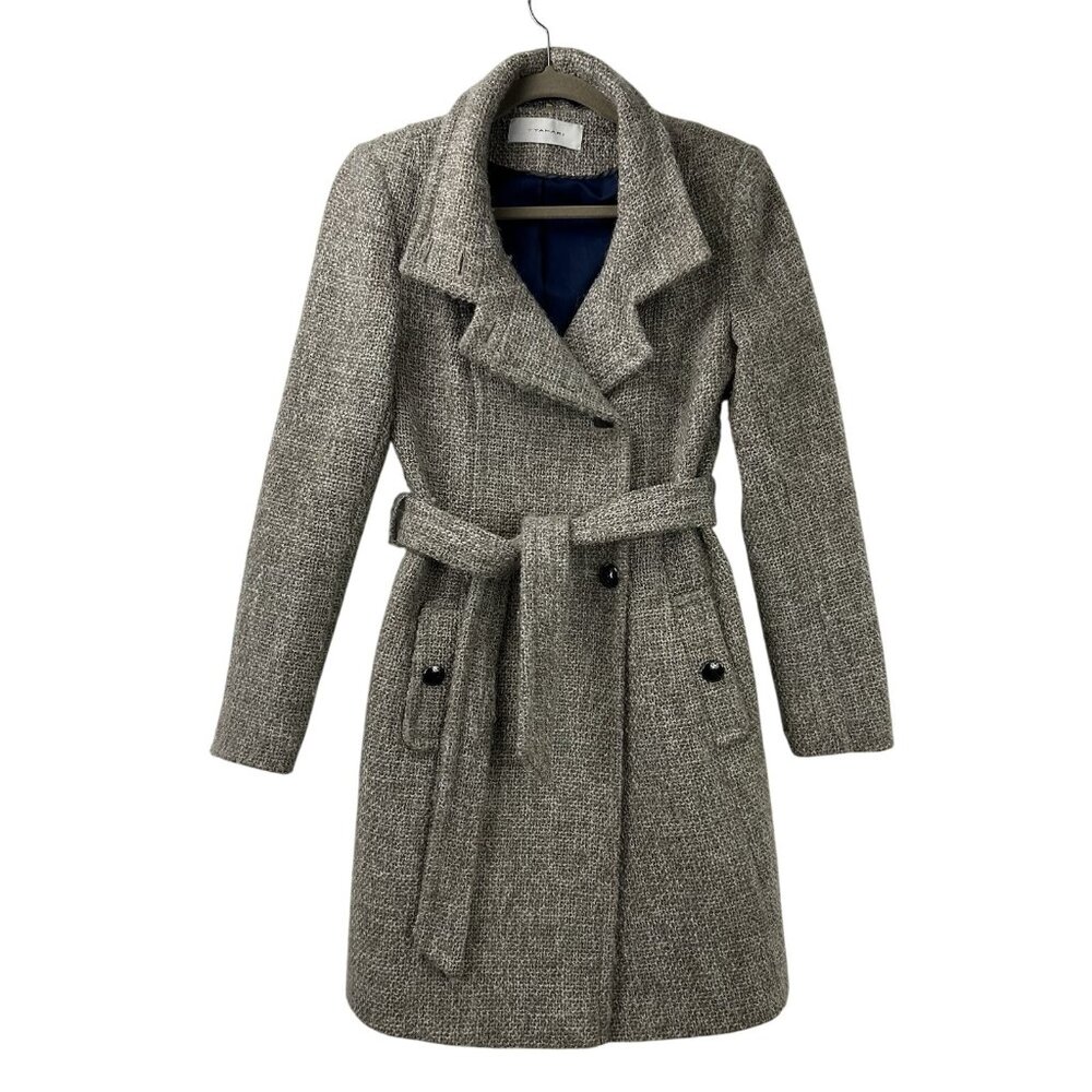 T Tahari Women's Size 4 Belted Wool  Blend Military Beige Mid-Length Coat Blazer